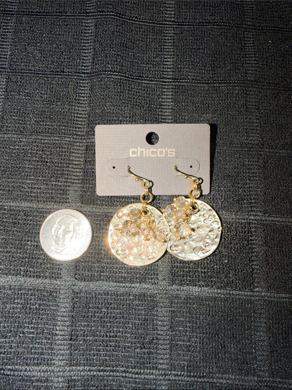 Chico's Shimmering Gold Hammered Disc Drop Earrings